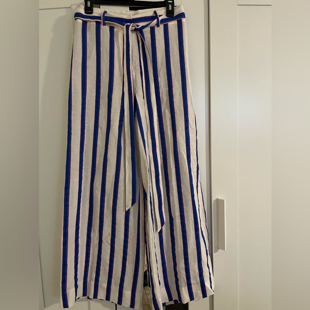 Milly Blue and White Vertical Stripe Wide Leg Pants